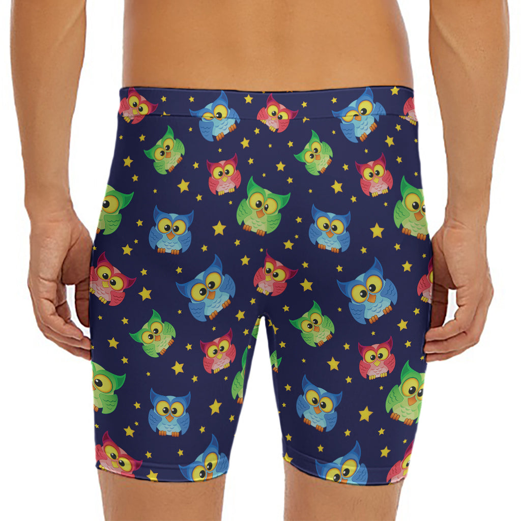 Owl And Star Pattern Print Men's Long Boxer Briefs