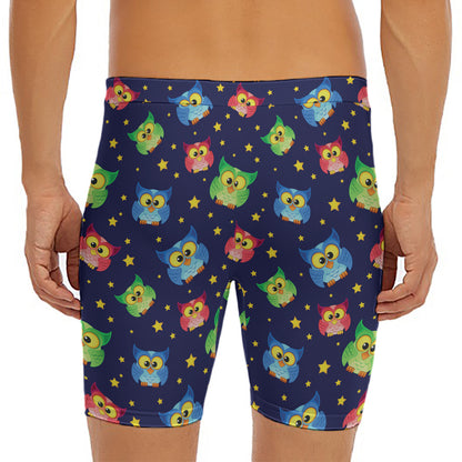 Owl And Star Pattern Print Men's Long Boxer Briefs