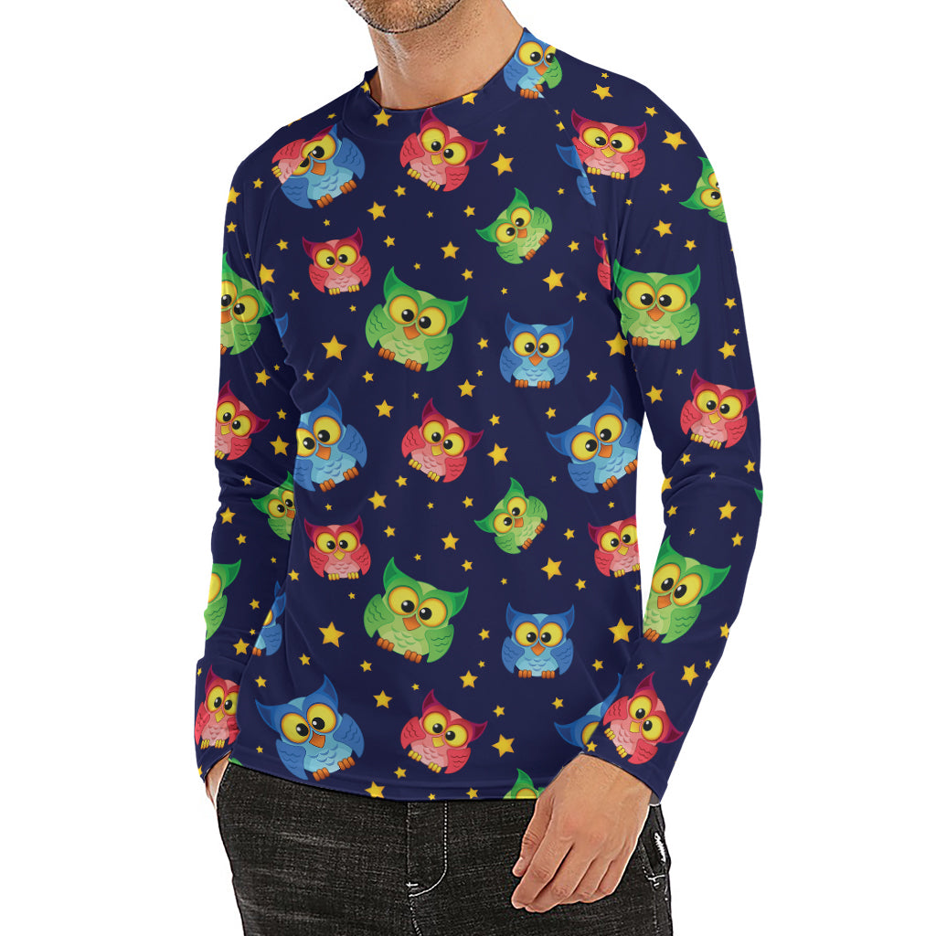 Owl And Star Pattern Print Men's Long Sleeve Rash Guard