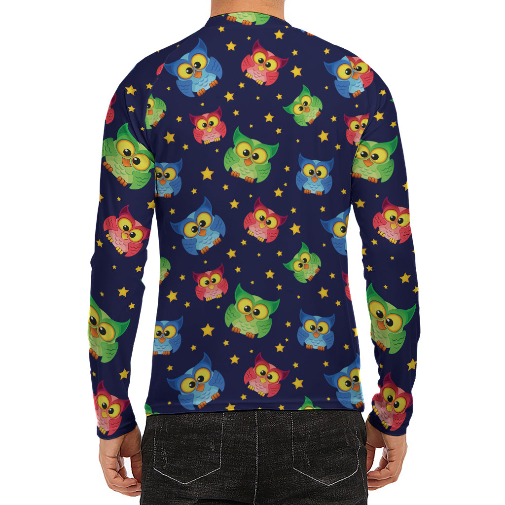 Owl And Star Pattern Print Men's Long Sleeve Rash Guard
