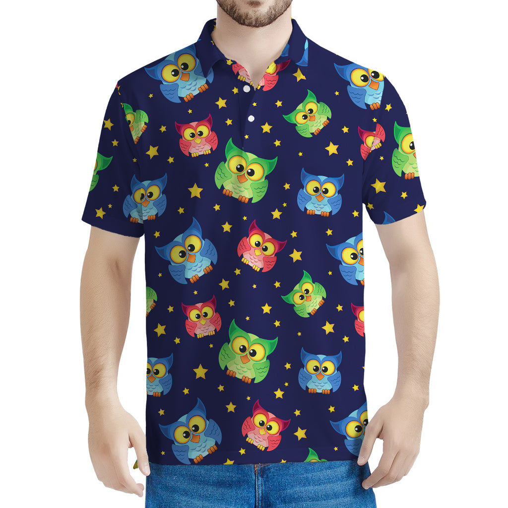 Owl And Star Pattern Print Men's Polo Shirt