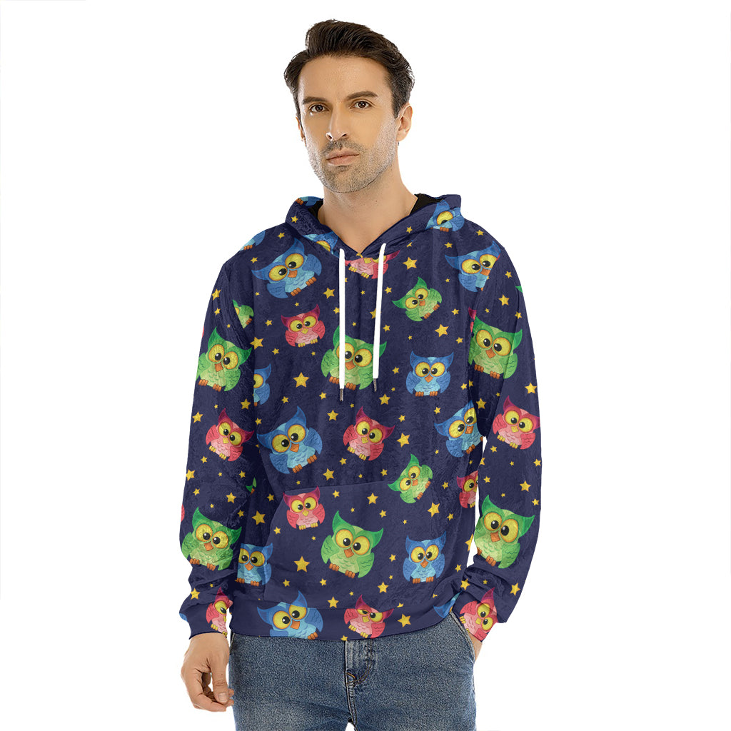 Owl And Star Pattern Print Men's Velvet Pullover Hoodie