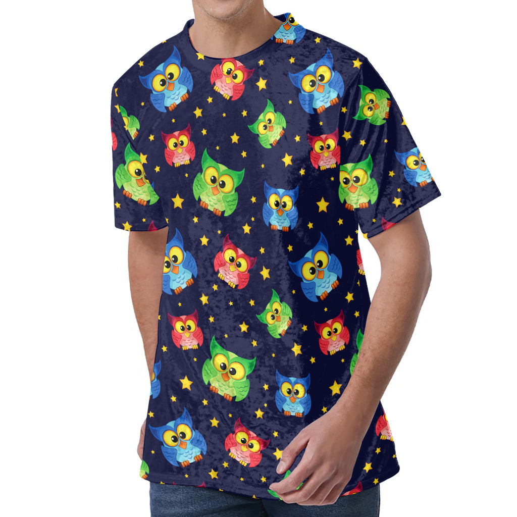 Owl And Star Pattern Print Men's Velvet T-Shirt