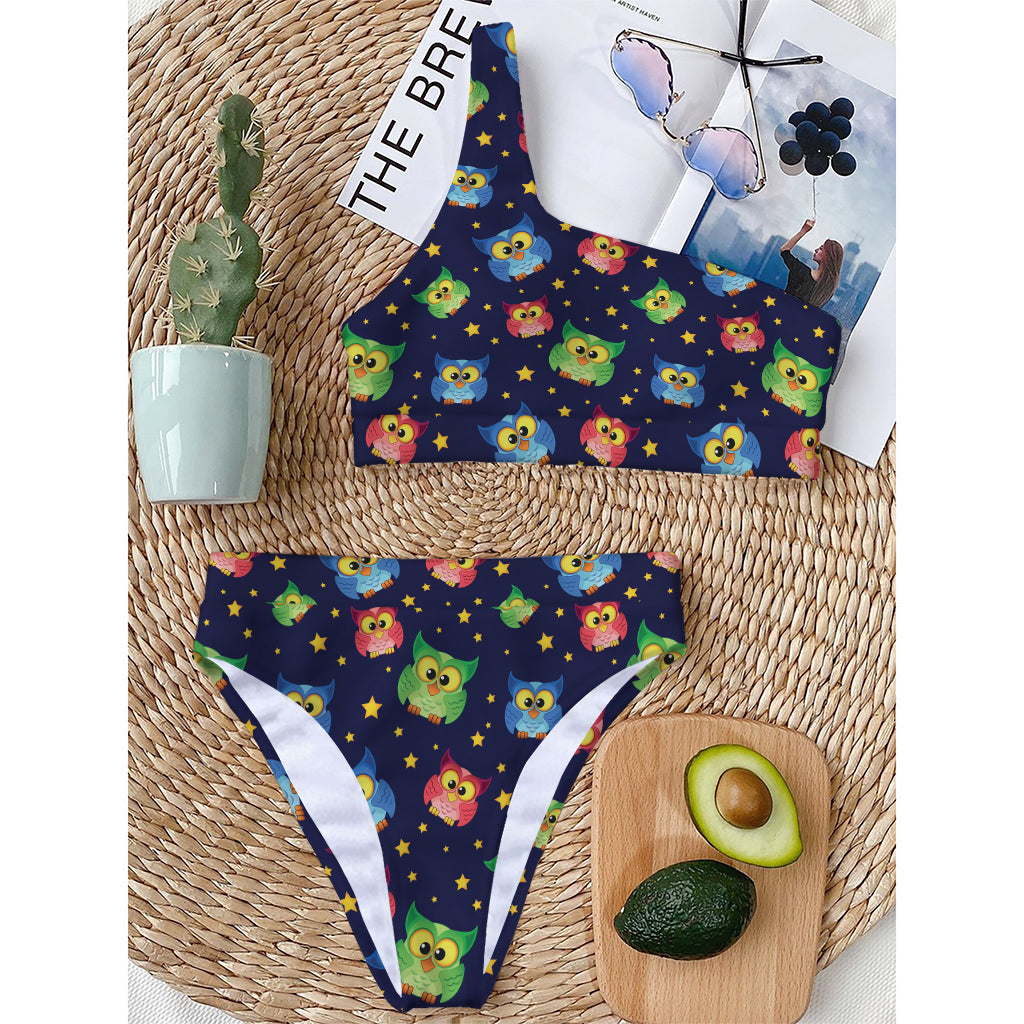 Owl And Star Pattern Print One Shoulder Bikini Top