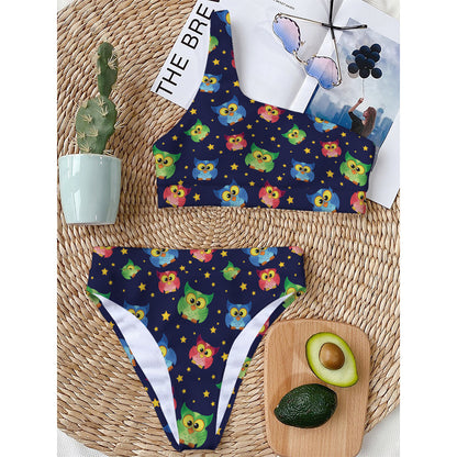 Owl And Star Pattern Print One Shoulder Bikini Top