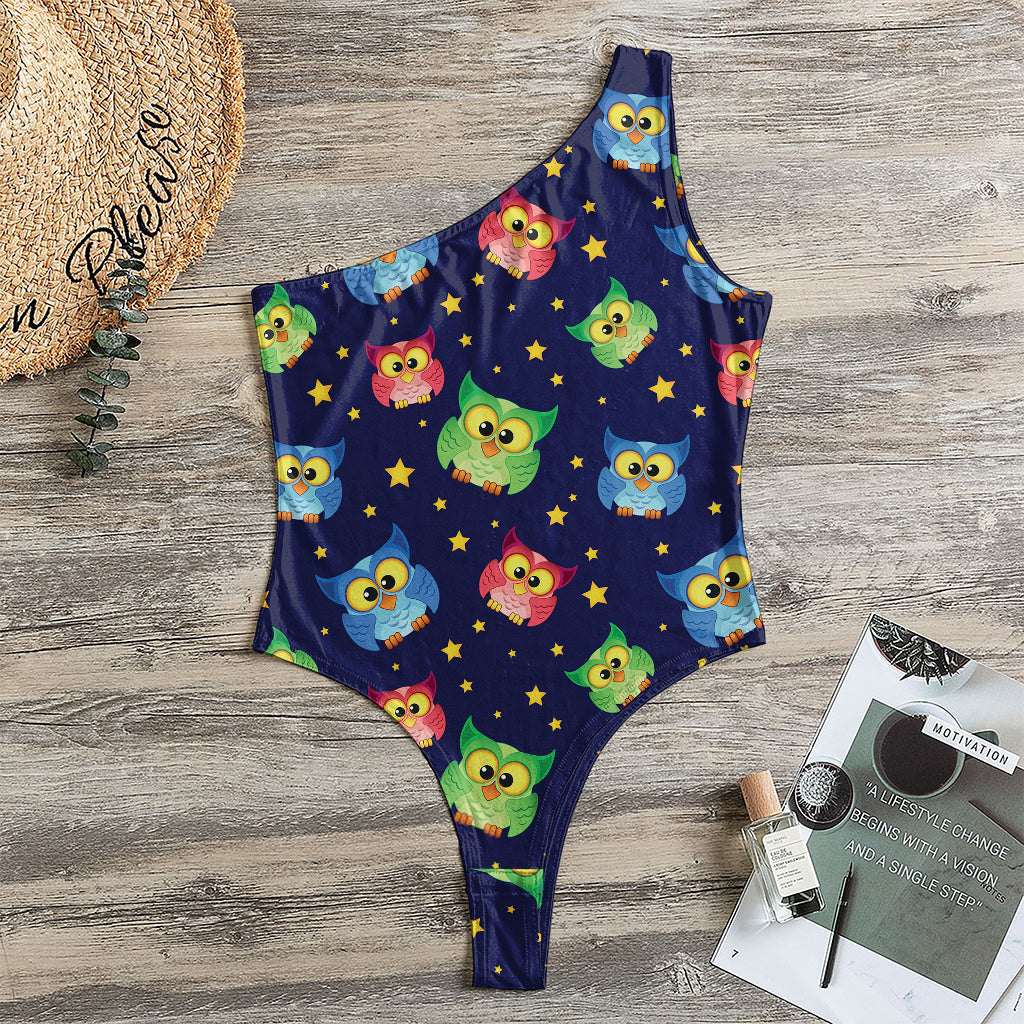 Owl And Star Pattern Print One Shoulder Bodysuit