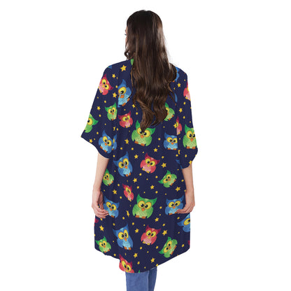 Owl And Star Pattern Print Open Front Beach Cover Up