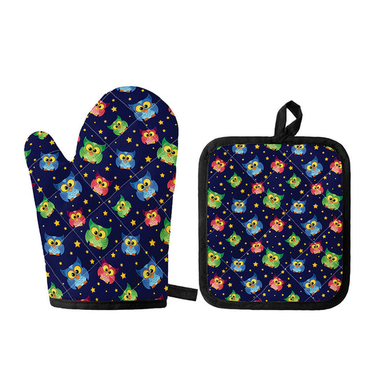 Owl And Star Pattern Print Oven Mitt And Pot Holder Set