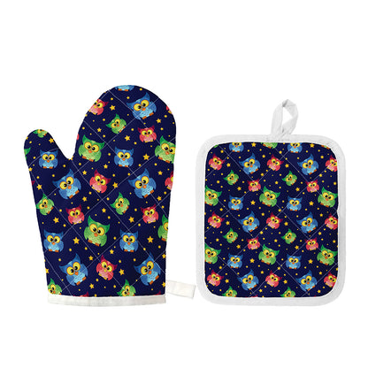 Owl And Star Pattern Print Oven Mitt And Pot Holder Set