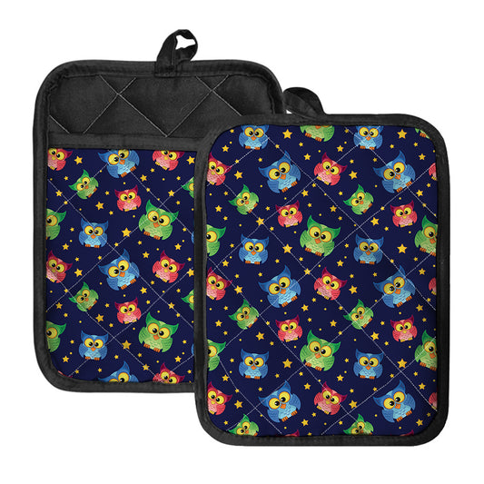 Owl And Star Pattern Print Pot Holders With Pocket
