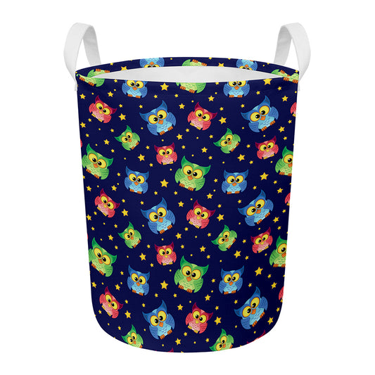 Owl And Star Pattern Print Round Laundry Basket