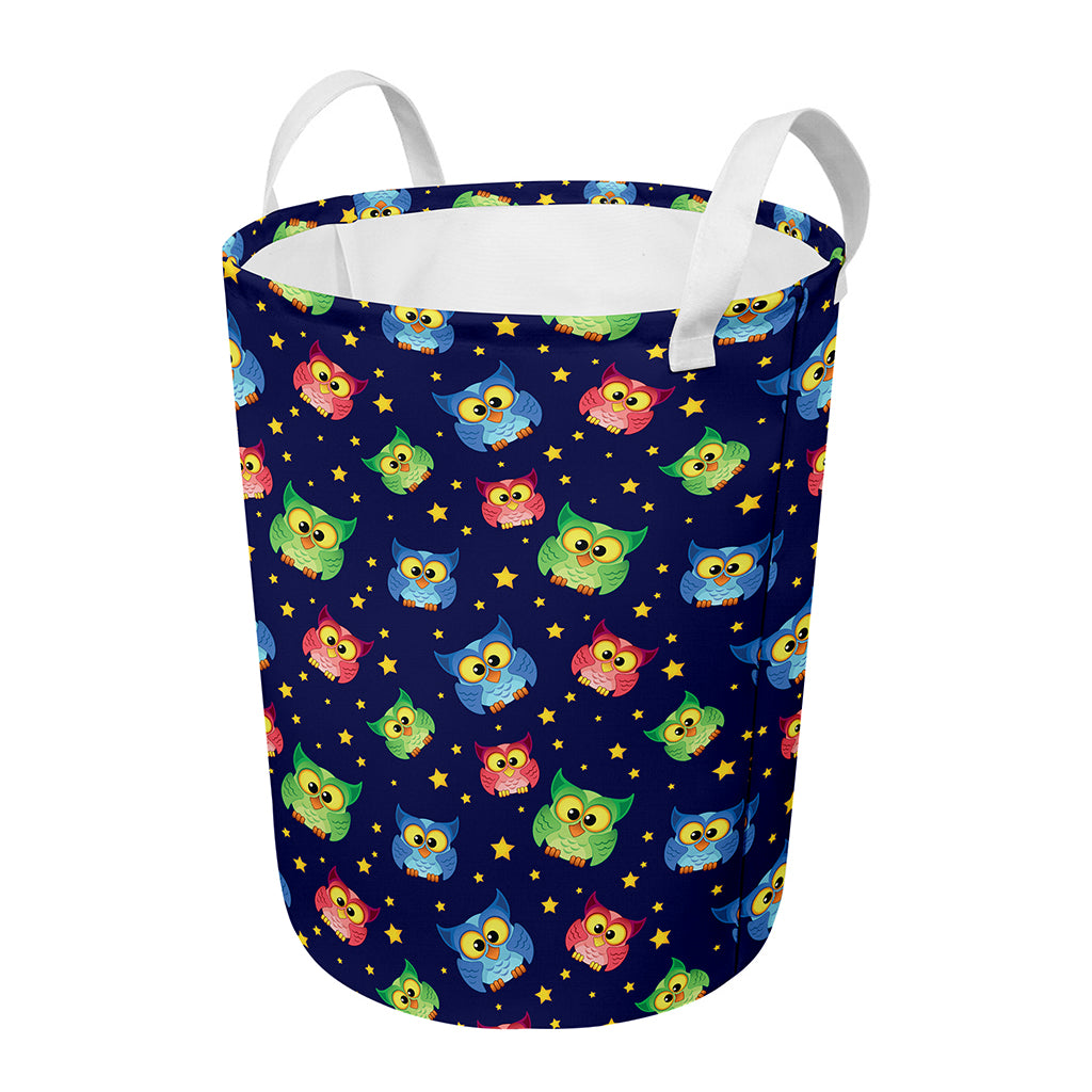 Owl And Star Pattern Print Round Laundry Basket