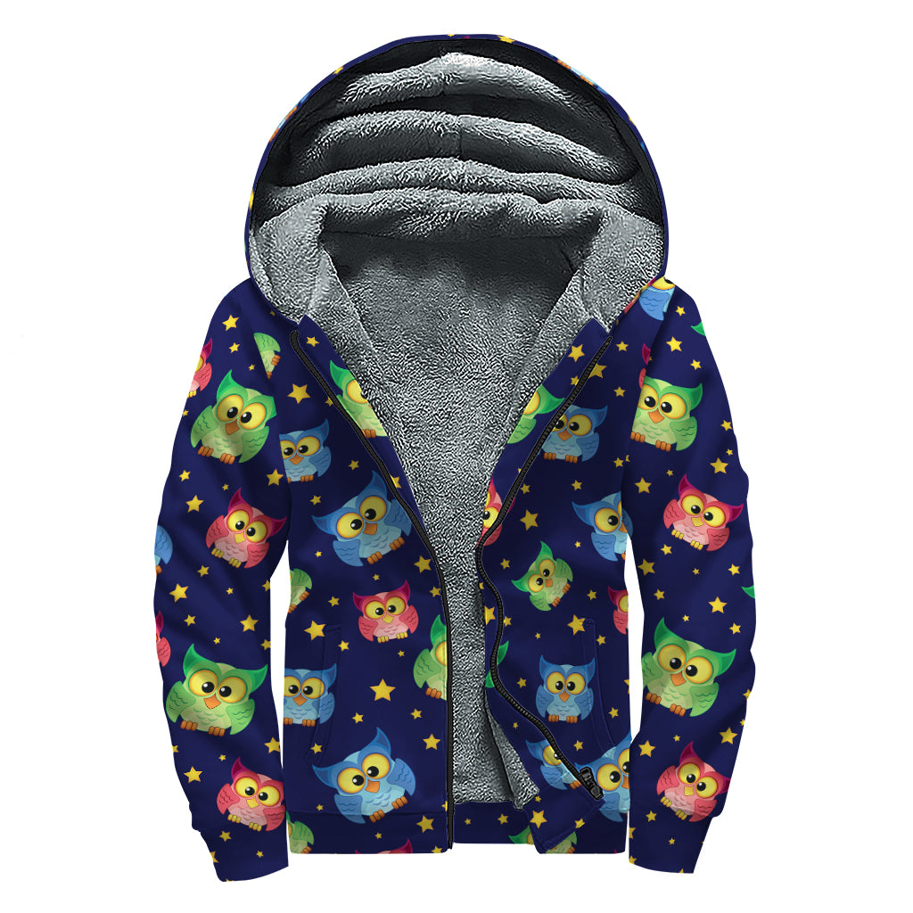 Owl And Star Pattern Print Sherpa Lined Zip Up Hoodie