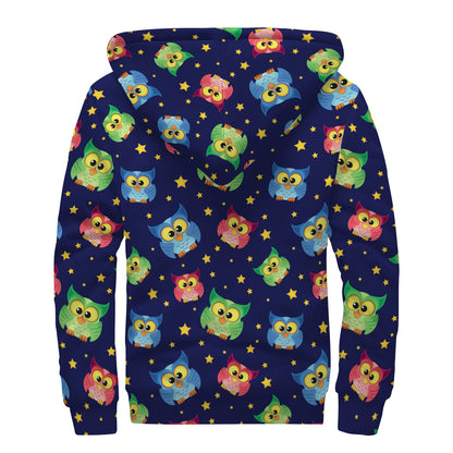 Owl And Star Pattern Print Sherpa Lined Zip Up Hoodie