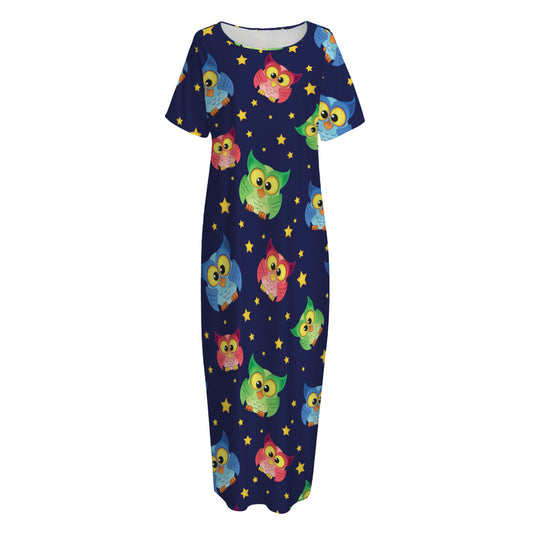 Owl And Star Pattern Print Short Sleeve Long Nightdress
