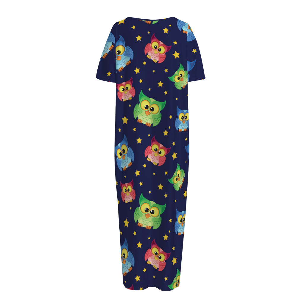 Owl And Star Pattern Print Short Sleeve Long Nightdress