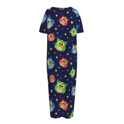 Owl And Star Pattern Print Short Sleeve Long Nightdress