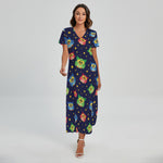 Owl And Star Pattern Print Short Sleeve Maxi Dress
