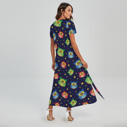 Owl And Star Pattern Print Short Sleeve Maxi Dress