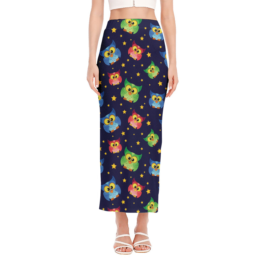 Owl And Star Pattern Print Side Slit Maxi Skirt