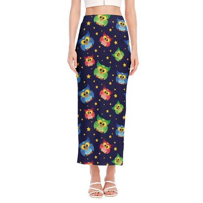 Owl And Star Pattern Print Side Slit Maxi Skirt