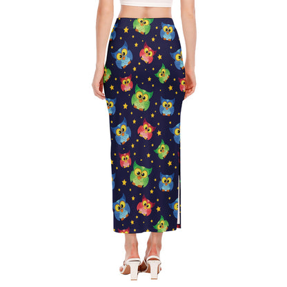 Owl And Star Pattern Print Side Slit Maxi Skirt