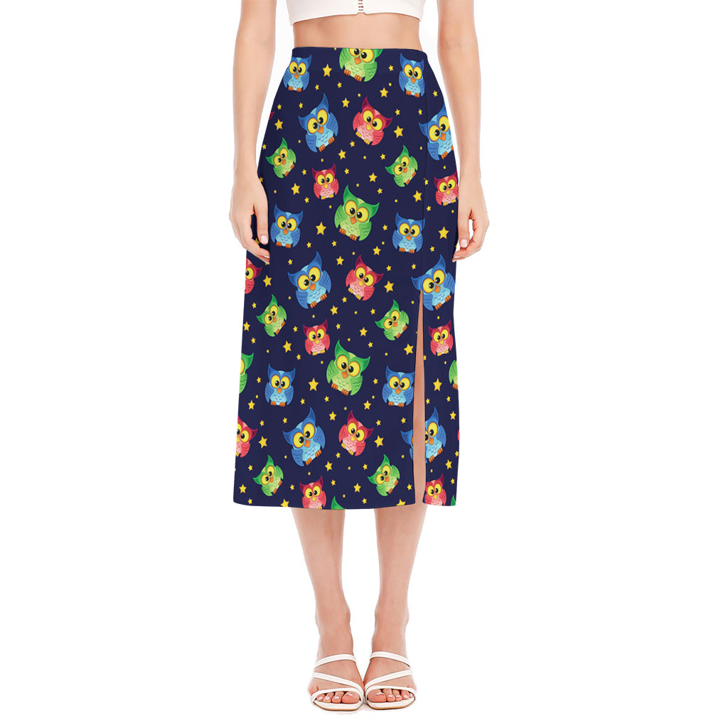 Owl And Star Pattern Print Side Slit Midi Skirt