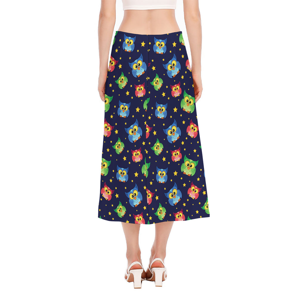 Owl And Star Pattern Print Side Slit Midi Skirt