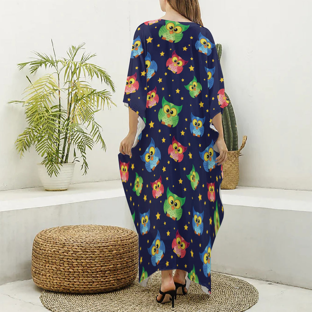Owl And Star Pattern Print Silk V-Neck Kaftan Dress