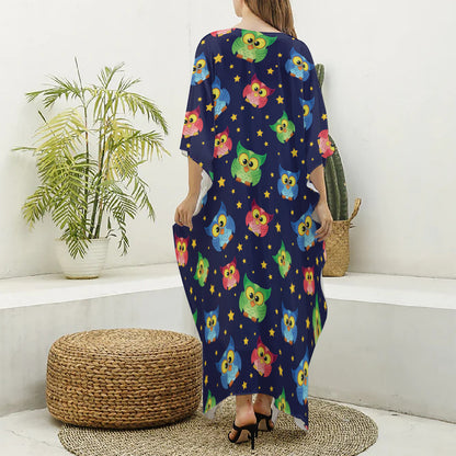 Owl And Star Pattern Print Silk V-Neck Kaftan Dress