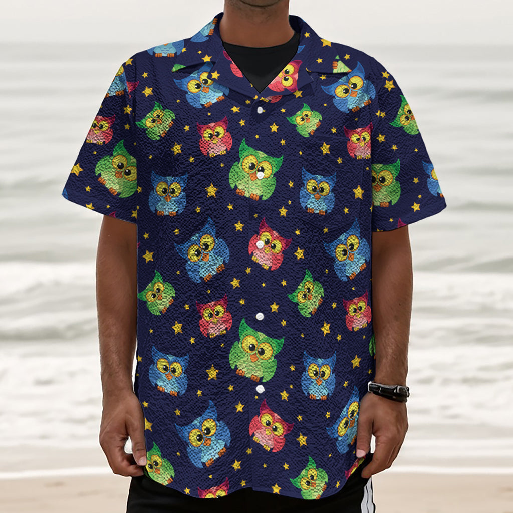 Owl And Star Pattern Print Textured Short Sleeve Shirt