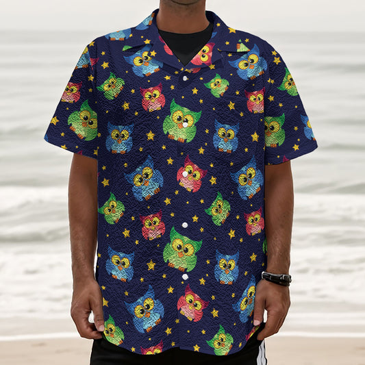 Owl And Star Pattern Print Textured Short Sleeve Shirt
