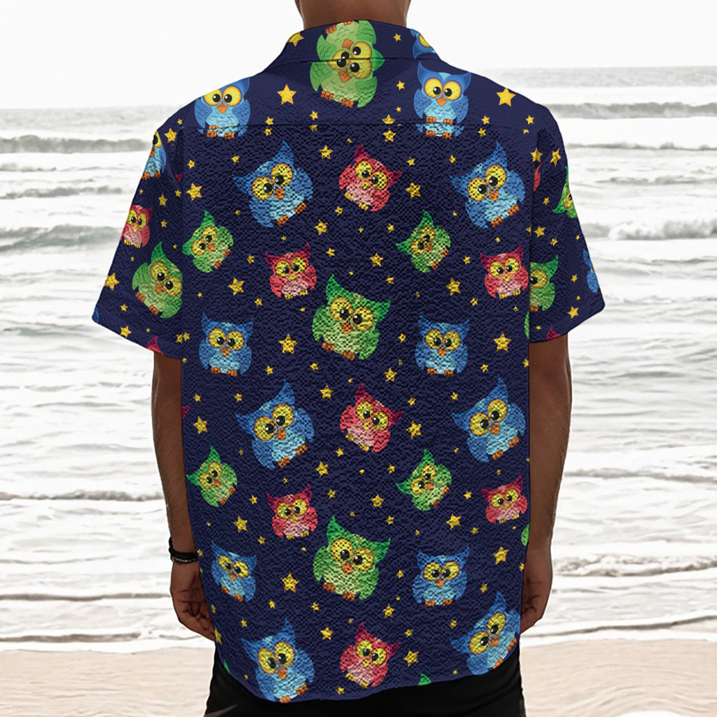 Owl And Star Pattern Print Textured Short Sleeve Shirt