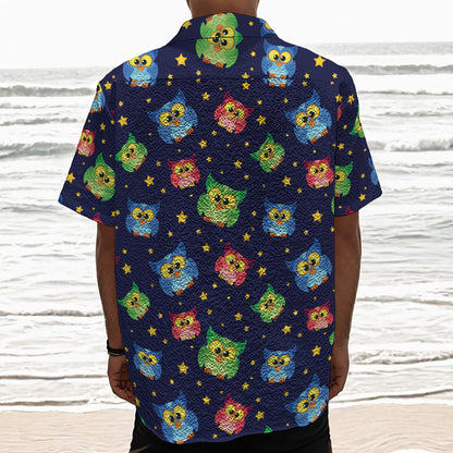 Owl And Star Pattern Print Textured Short Sleeve Shirt