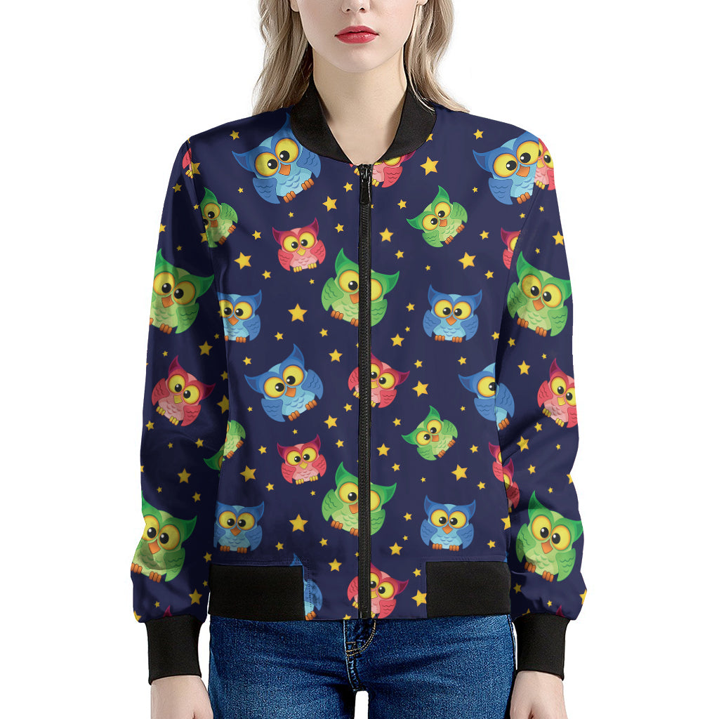 Owl And Star Pattern Print Women's Bomber Jacket
