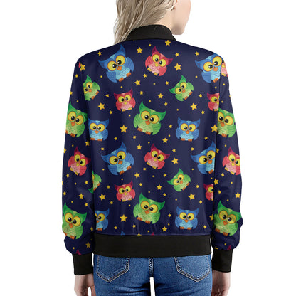 Owl And Star Pattern Print Women's Bomber Jacket