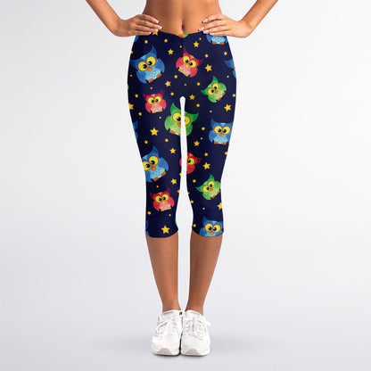Owl And Star Pattern Print Women's Capri Leggings