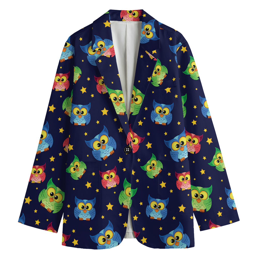 Owl And Star Pattern Print Women's Cotton Blazer