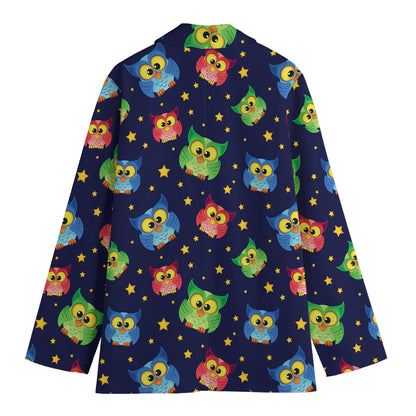 Owl And Star Pattern Print Women's Cotton Blazer
