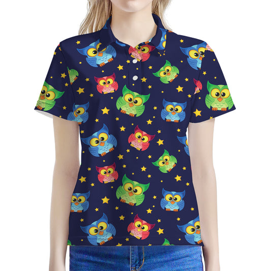 Owl And Star Pattern Print Women's Polo Shirt