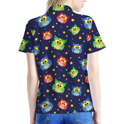 Owl And Star Pattern Print Women's Polo Shirt