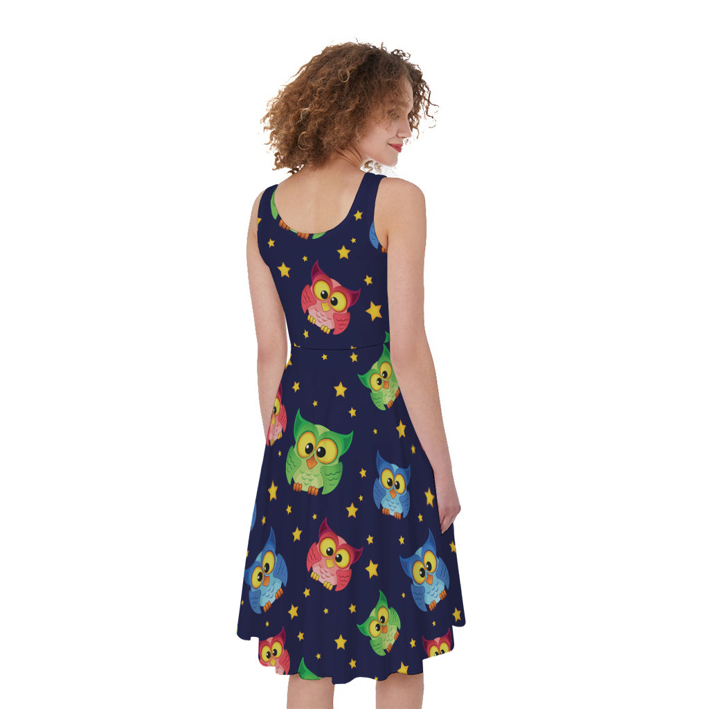 Owl And Star Pattern Print Women's Sleeveless Dress