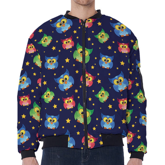 Owl And Star Pattern Print Zip Sleeve Bomber Jacket