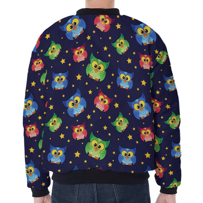 Owl And Star Pattern Print Zip Sleeve Bomber Jacket