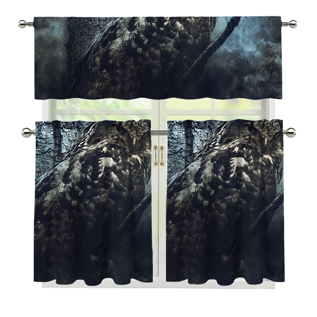 Owl At Night Print 3 Piece Kitchen Curtains