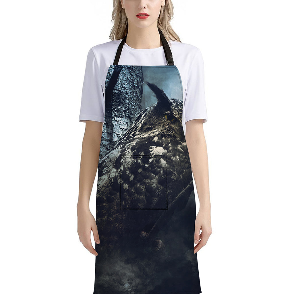 Owl At Night Print Bib Apron With Pocket