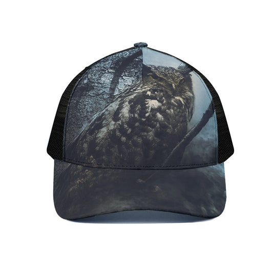 Owl At Night Print Black Mesh Trucker Cap