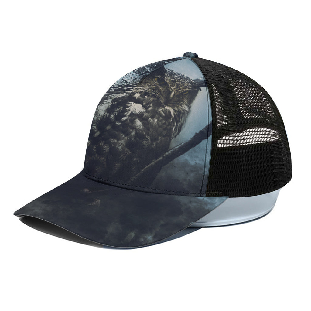 Owl At Night Print Black Mesh Trucker Cap