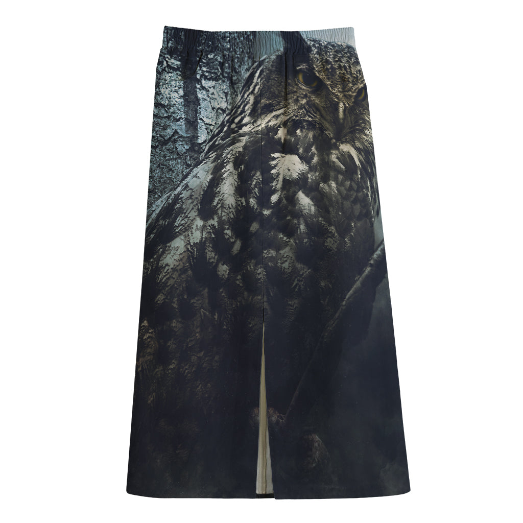 Owl At Night Print Cotton Front Slit Maxi Skirt