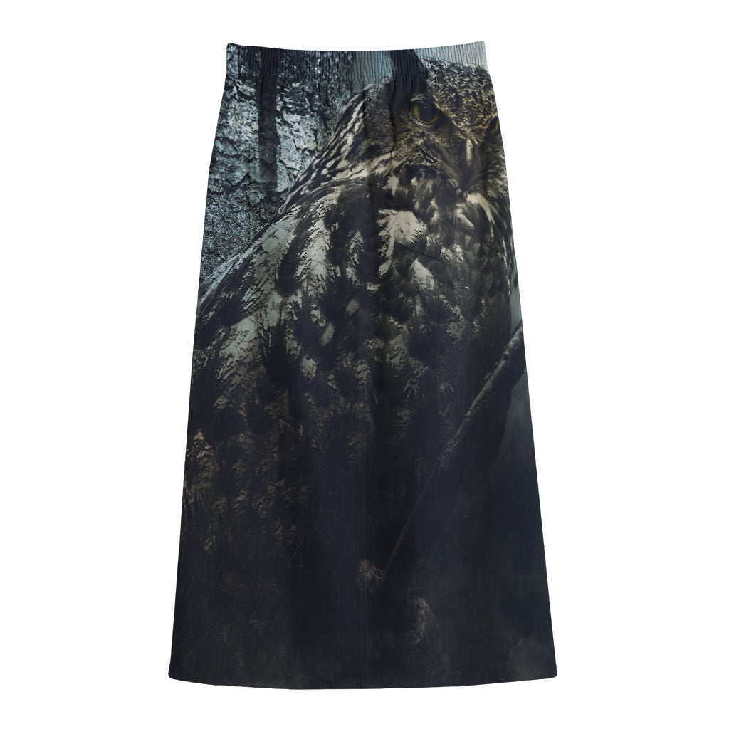 Owl At Night Print Cotton Front Slit Maxi Skirt